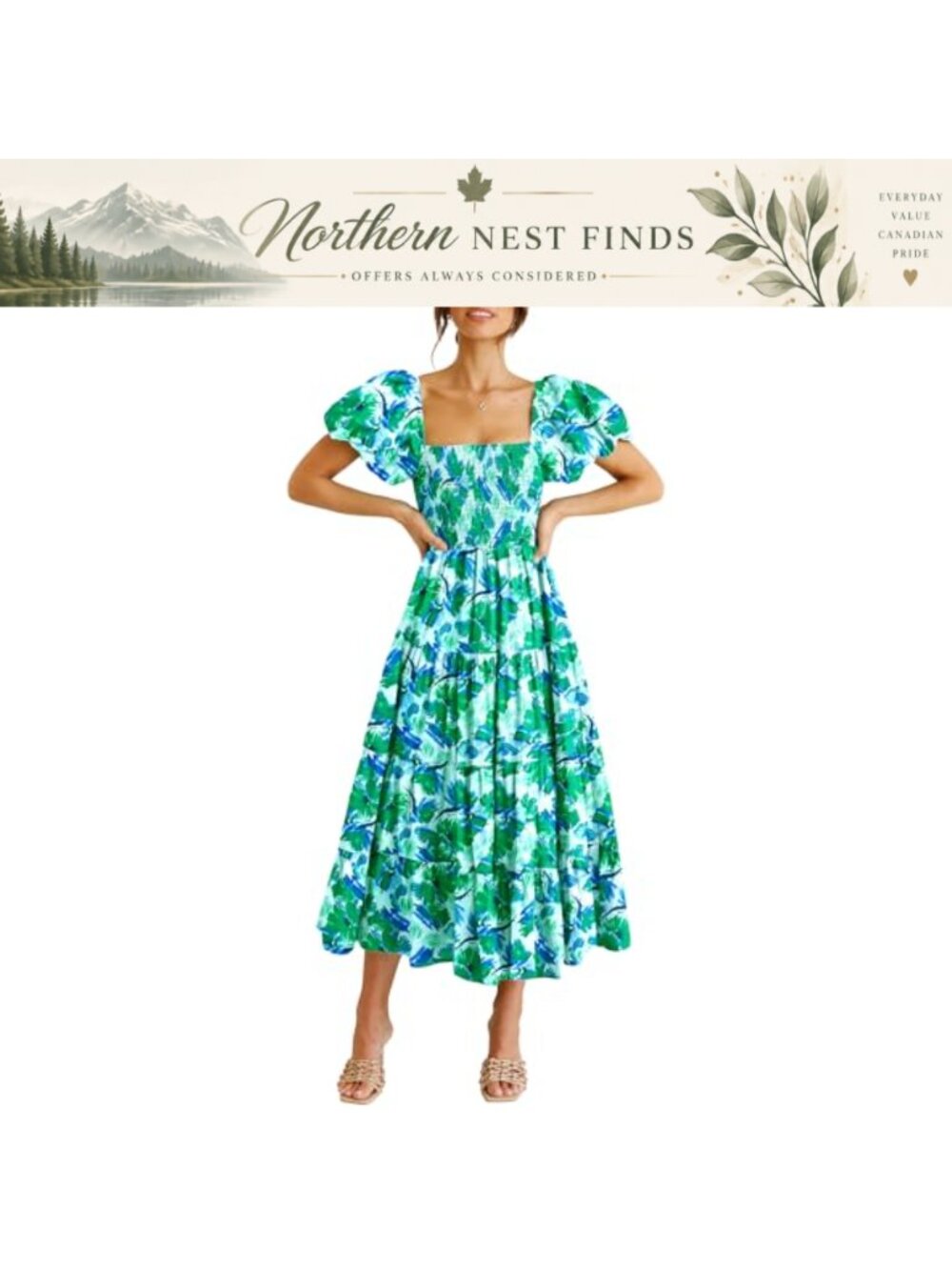 Women's Smocked Midi Dress Square Neck Puff Sleeve A-Line